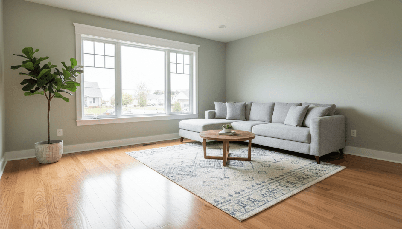 Sunlit living room with freshly painted walls, crisp white crown molding, and restored hardwood floors after a professional remodel