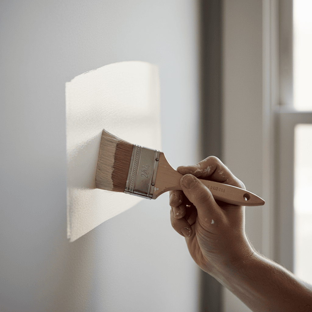 Close-up of a paintbrush applying a smooth coat to an interior wall