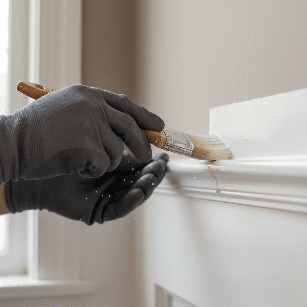 Painter's hand brushing fresh white paint on window trim