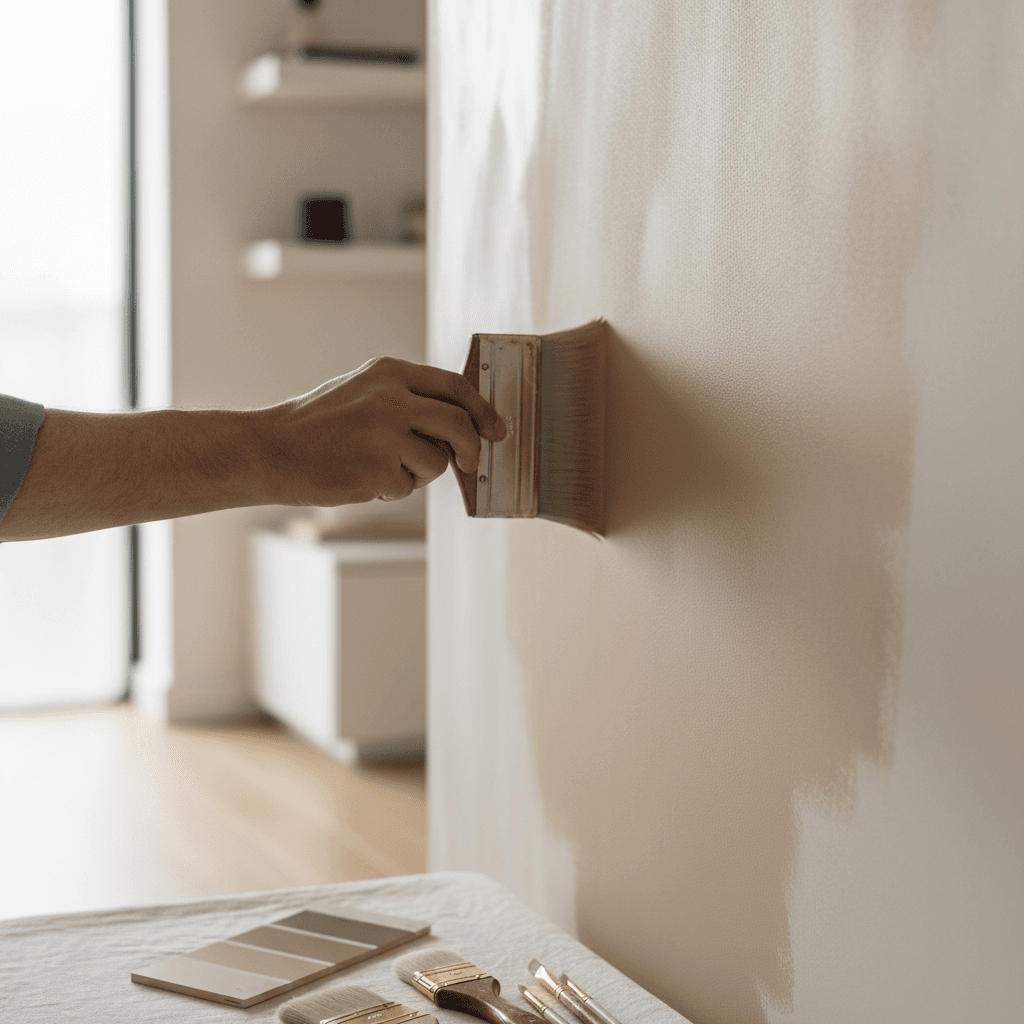Close-up of a paintbrush applying paint to an interior wall